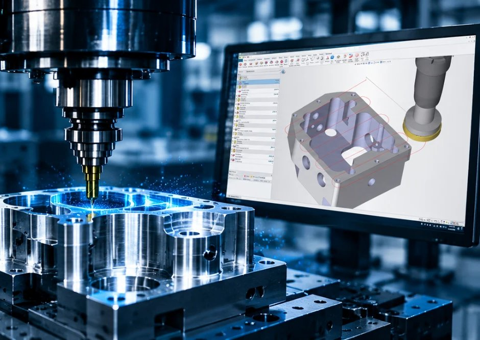 CNC machining centre spindle cutting a metal part, with CAM software showing the toolpath on a monitor